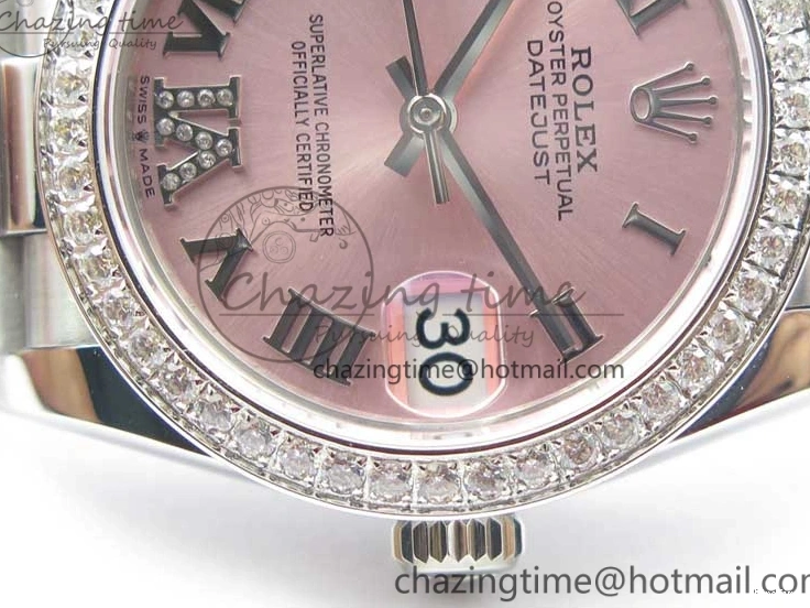 MiroTime 0402 Datejust 31mm 278275 SS Crystal Bezel BP Maker Best Edition Pink Roman Dial Crystal @6 on SS President Bracelet Contemporary 3082